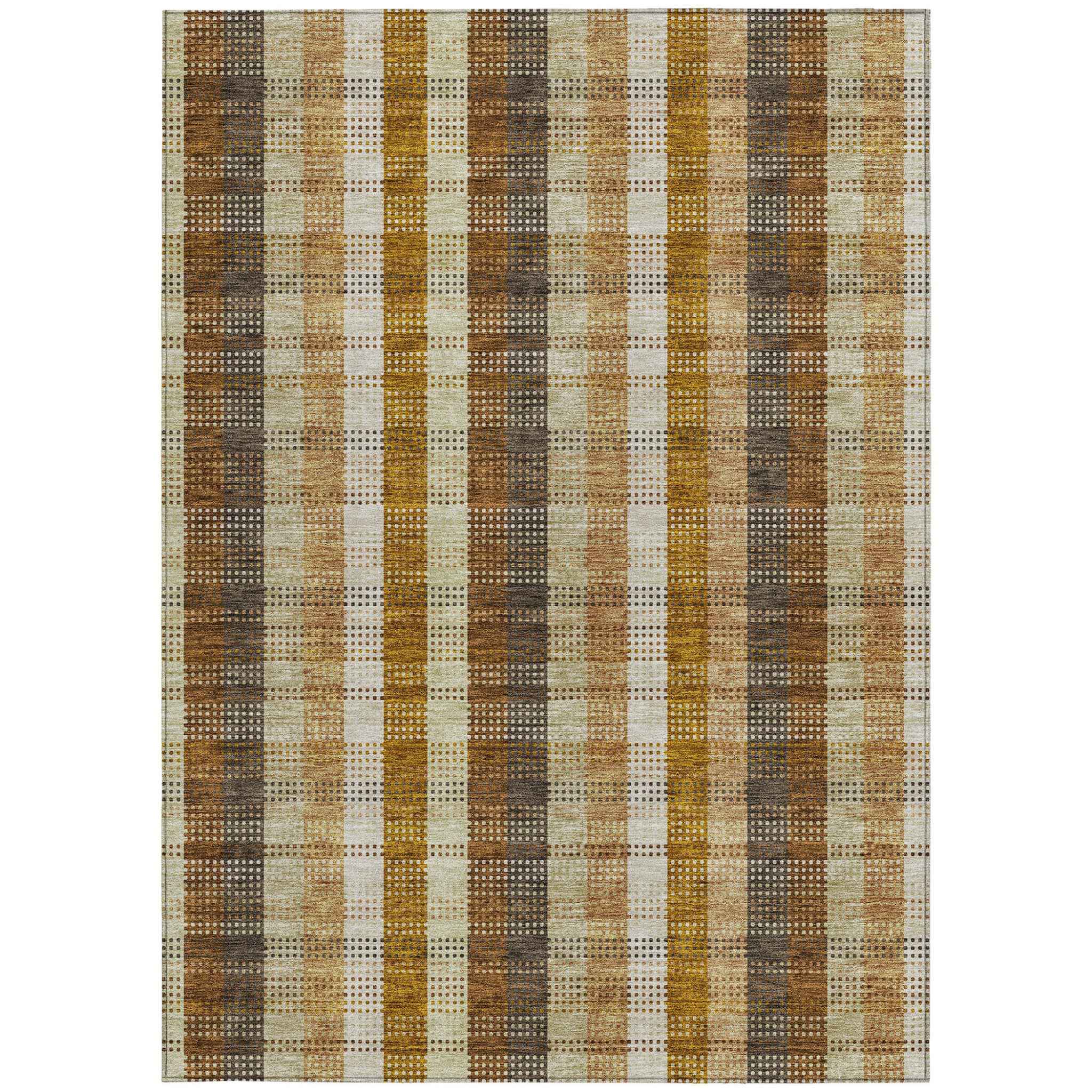 9' X 12' Wheat Ivory And Brown Plaid Washable Indoor Outdoor Area Rug