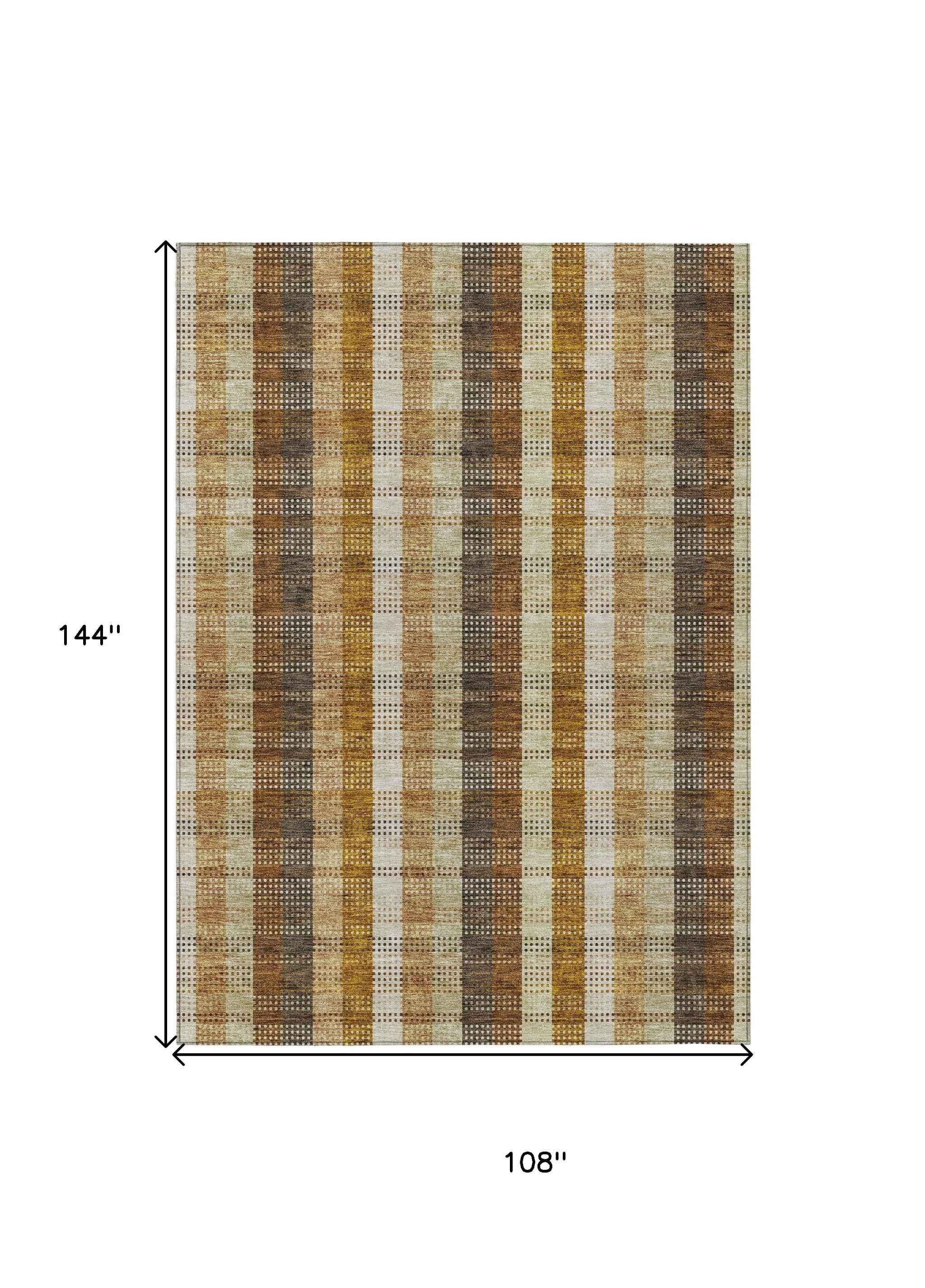 9' X 12' Wheat Ivory And Brown Plaid Washable Indoor Outdoor Area Rug