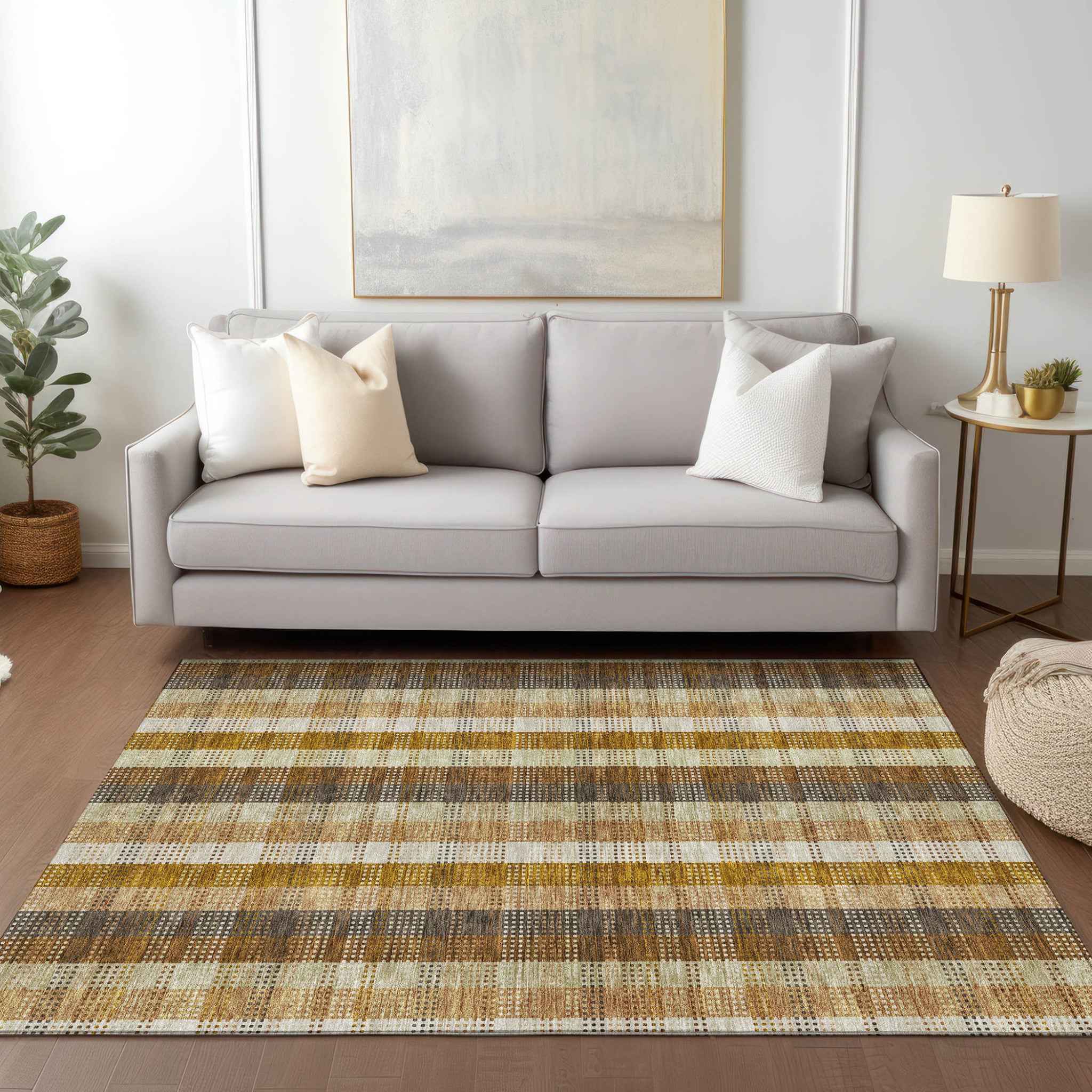 9' X 12' Wheat Ivory And Brown Plaid Washable Indoor Outdoor Area Rug