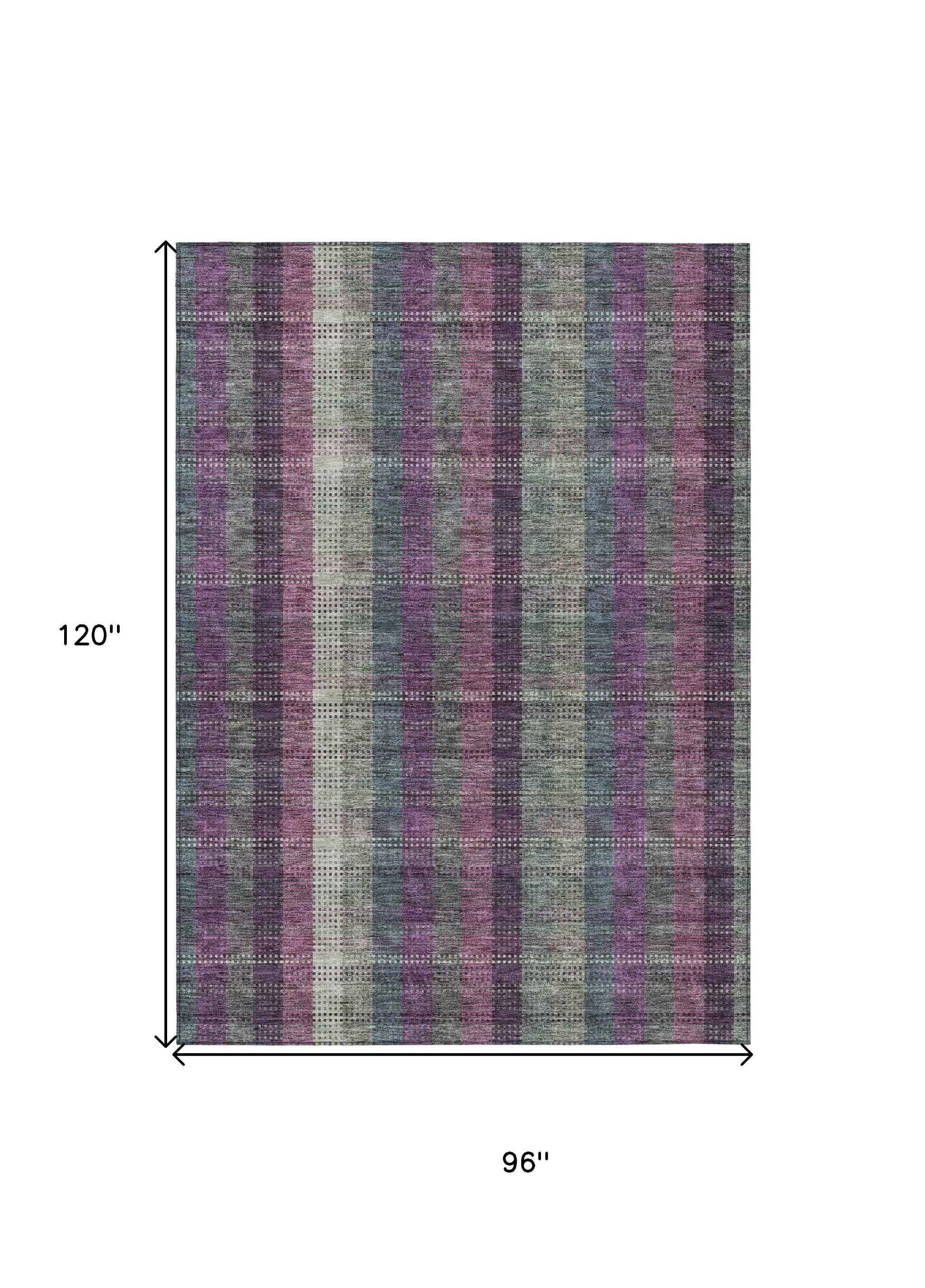 8' X 10' Plum Eggplant And Gray Plaid Washable Indoor Outdoor Area Rug