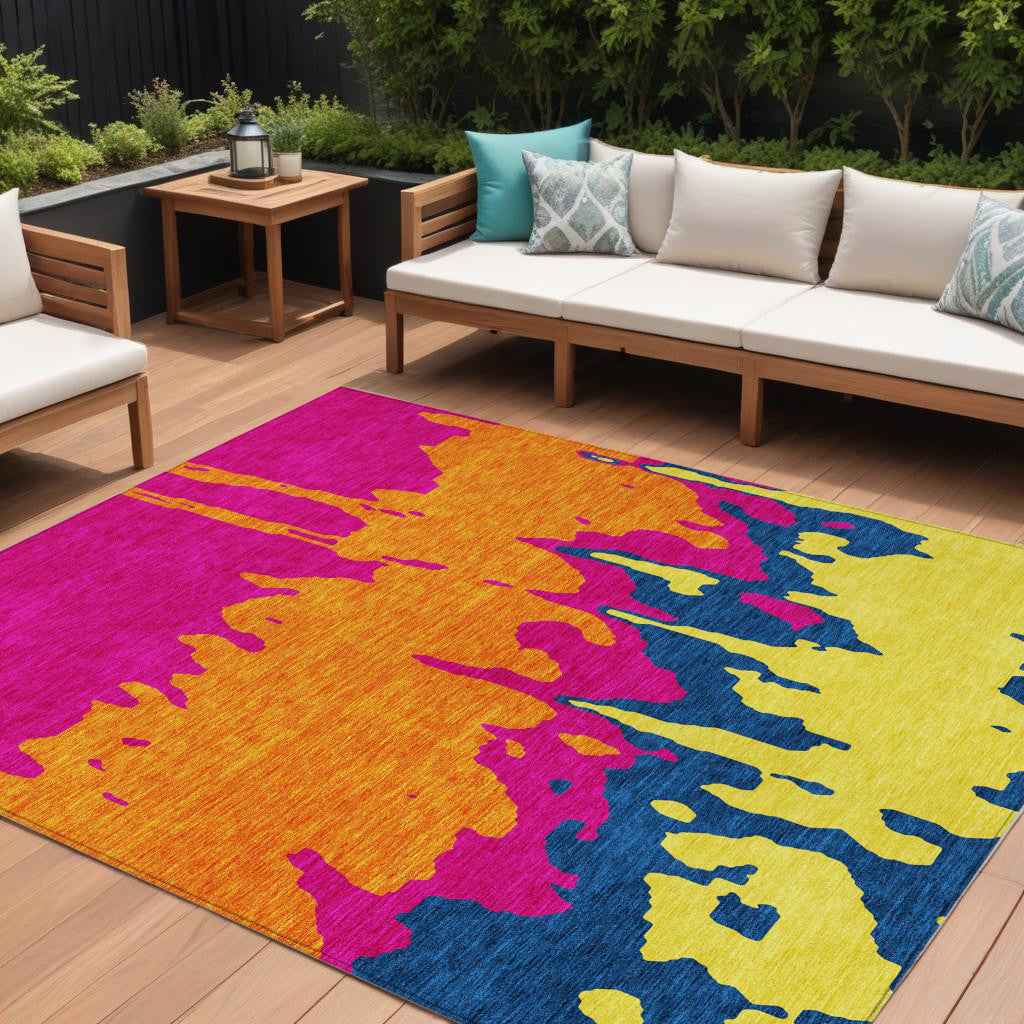 9' X 12' Pink Orange And Blue Abstract Washable Indoor Outdoor Area Rug