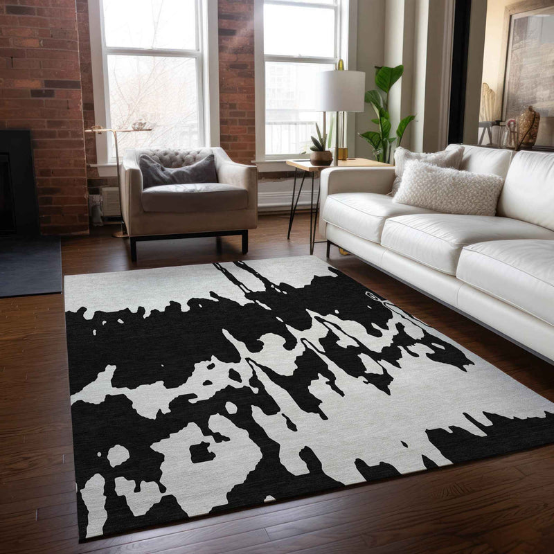 9' X 12' Black And Ivory Abstract Washable Indoor Outdoor Area Rug