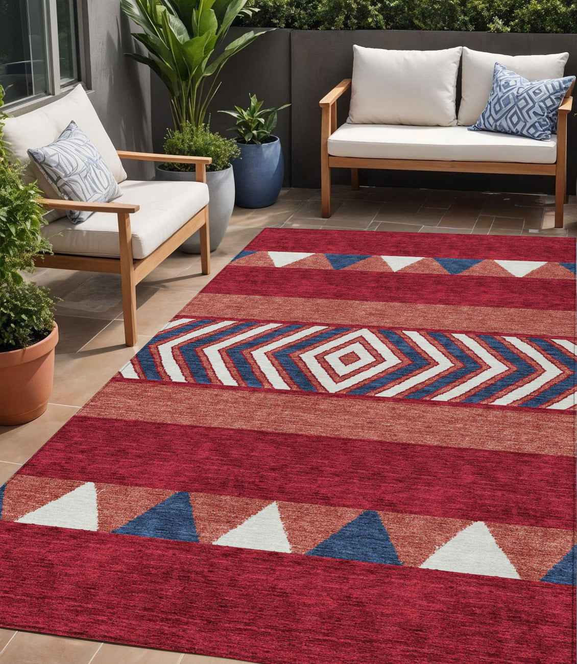 5' X 8' Red White And Navy Blue Southwestern Washable Indoor Outdoor Area Rug