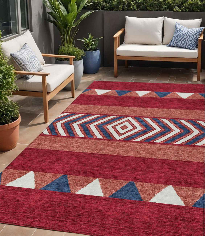 5' X 8' Red White And Navy Blue Southwestern Washable Indoor Outdoor Area Rug