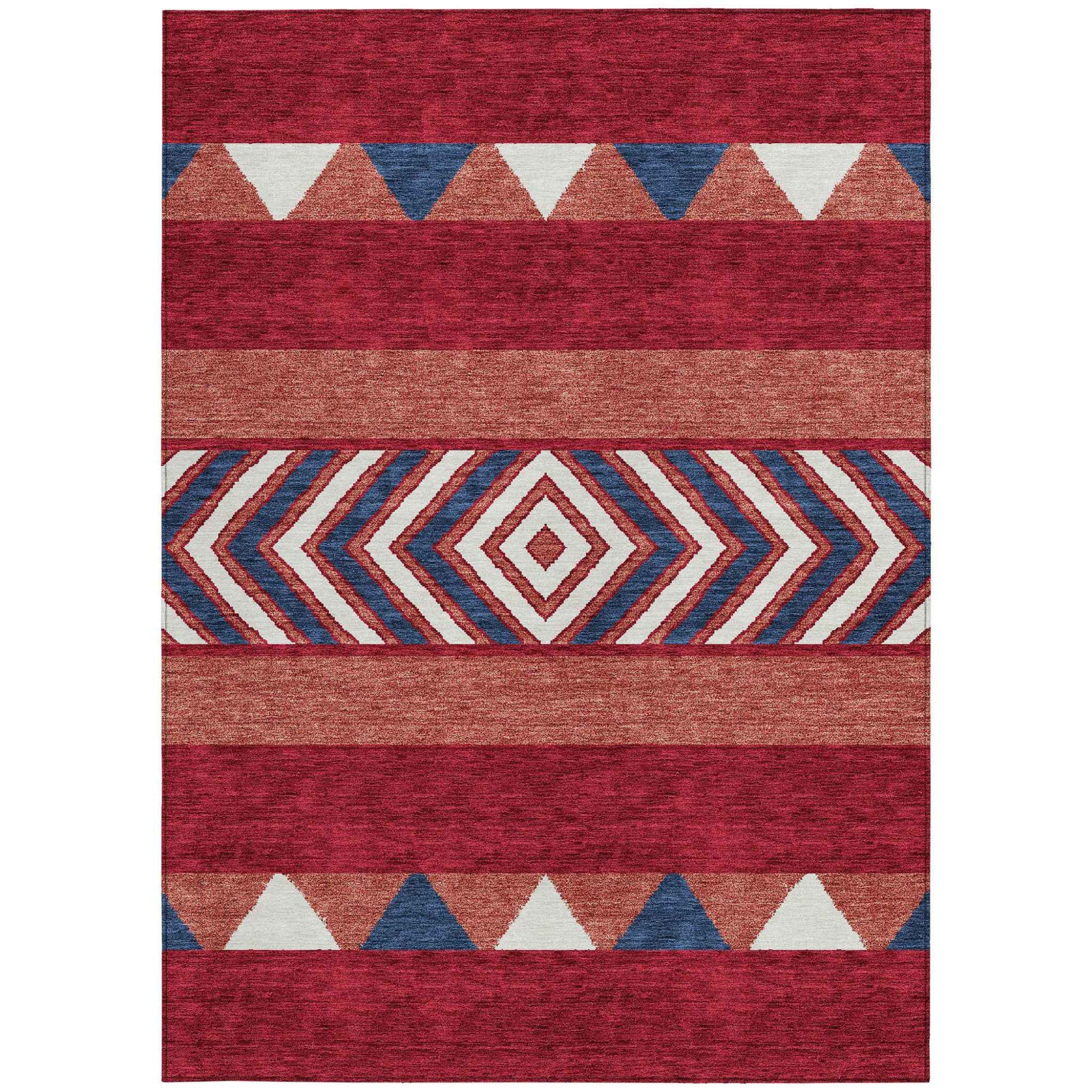 5' X 8' Red White And Navy Blue Southwestern Washable Indoor Outdoor Area Rug