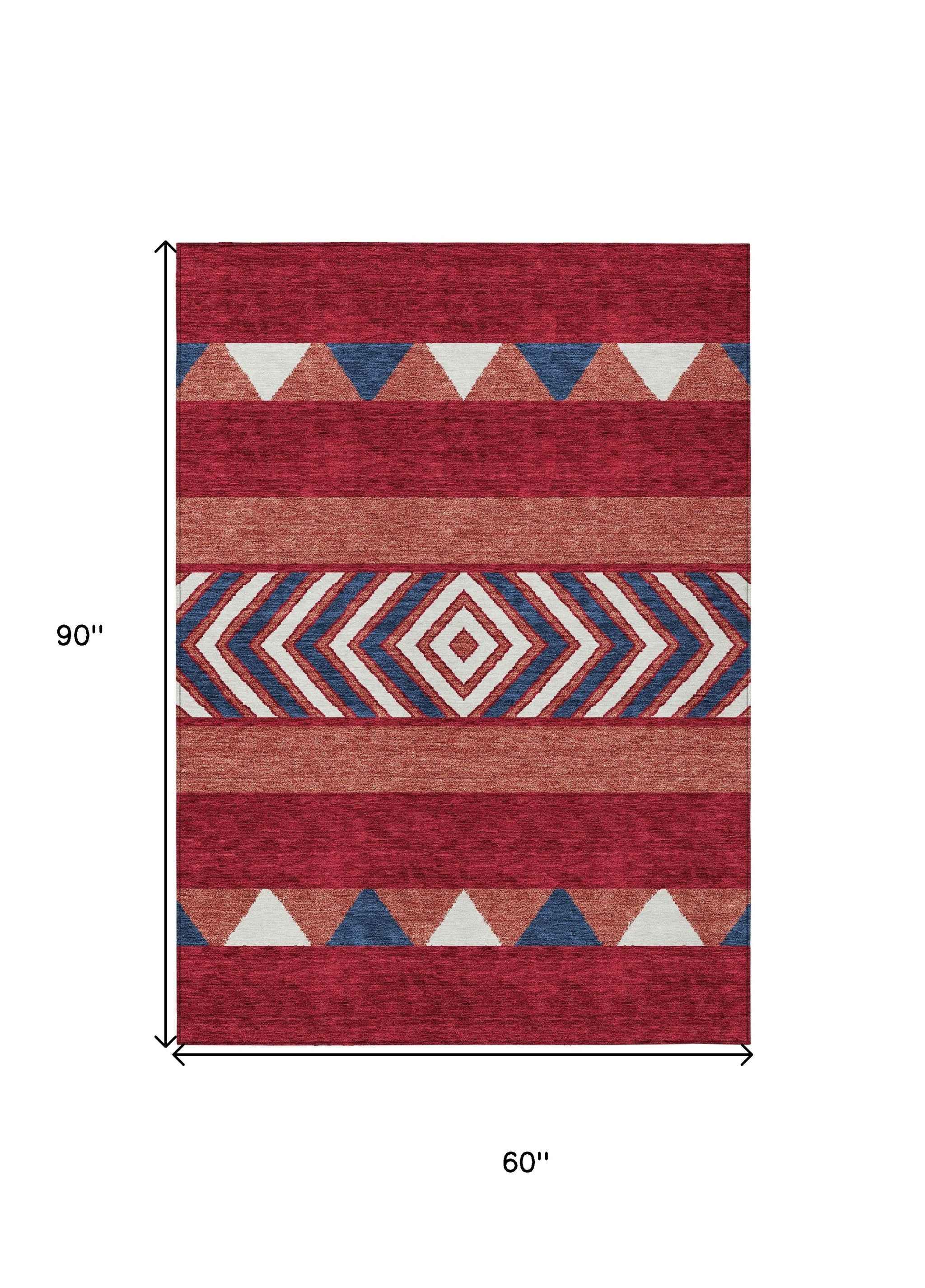 5' X 8' Red White And Navy Blue Southwestern Washable Indoor Outdoor Area Rug
