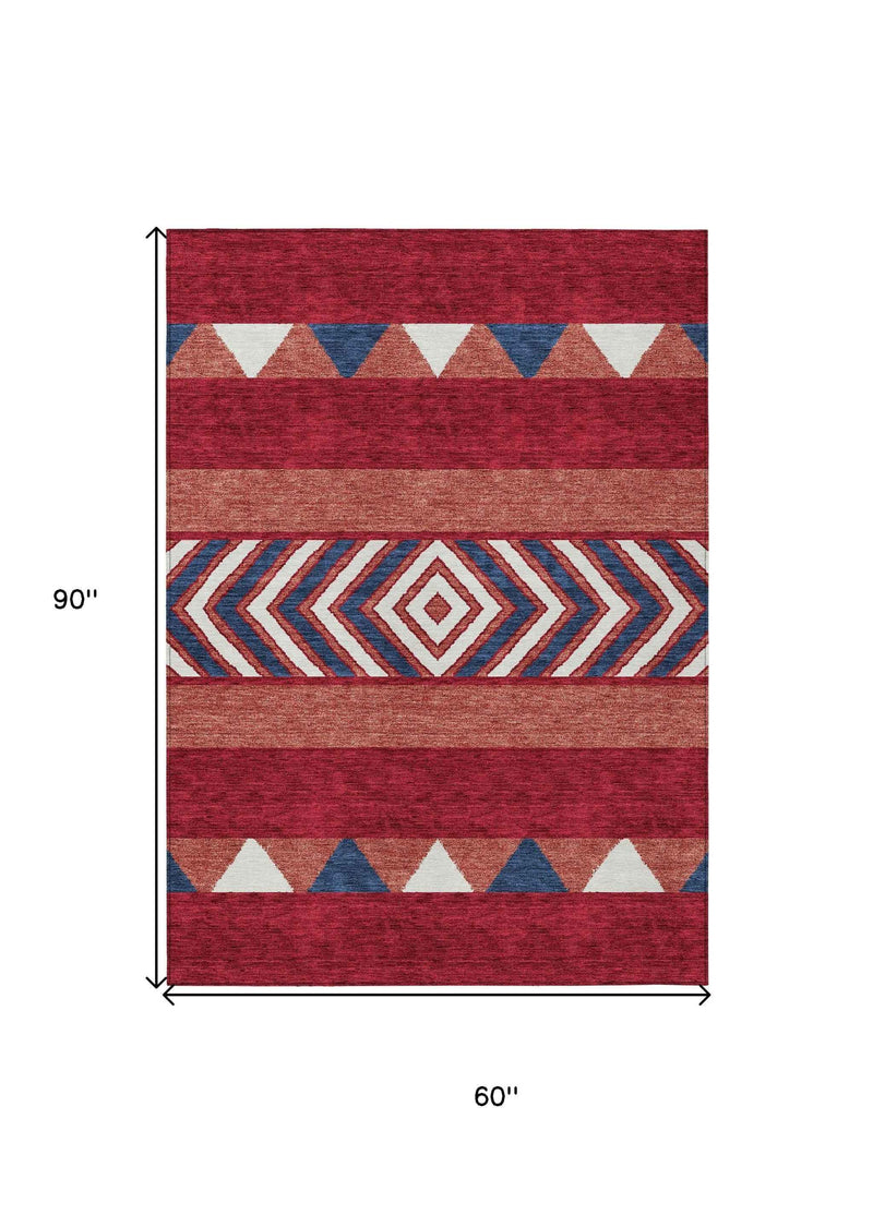 5' X 8' Red White And Navy Blue Southwestern Washable Indoor Outdoor Area Rug