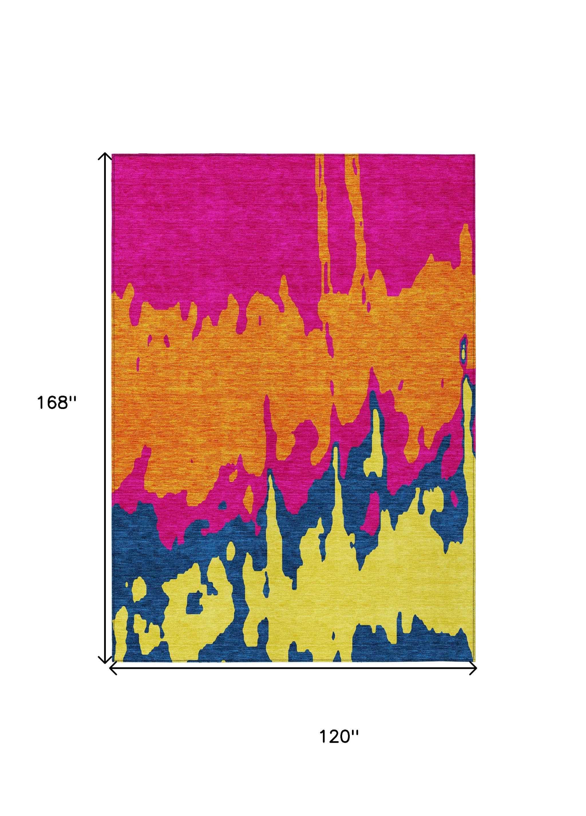 10' X 14' Pink Orange And Blue Abstract Washable Indoor Outdoor Area Rug