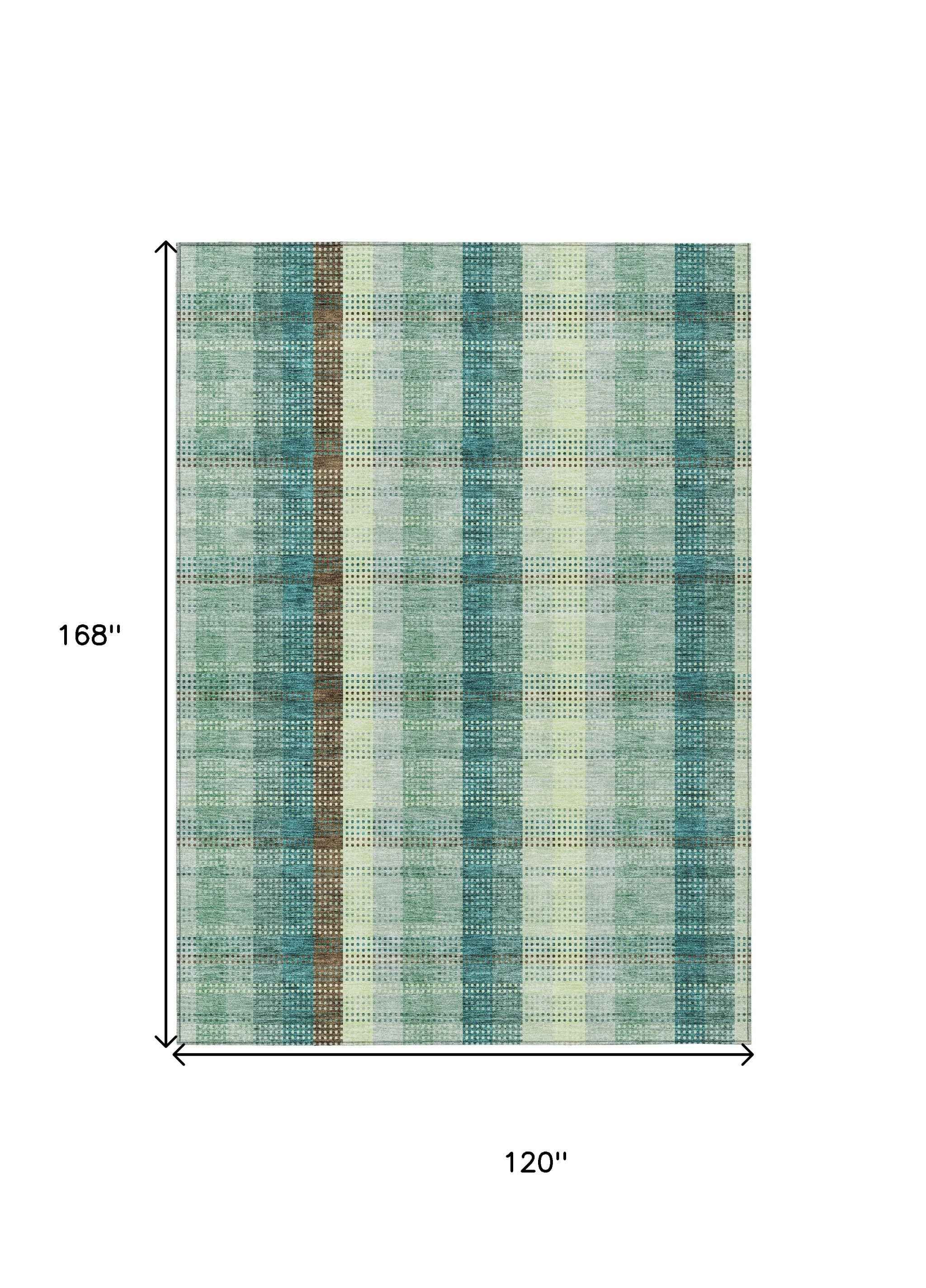 10' X 14' Sage Mint Green And Teal Blue Plaid Washable Indoor Outdoor Area Rug