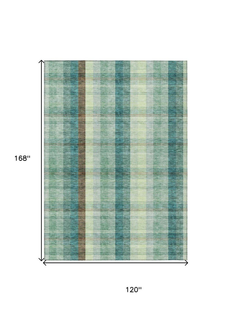 10' X 14' Sage Mint Green And Teal Blue Plaid Washable Indoor Outdoor Area Rug