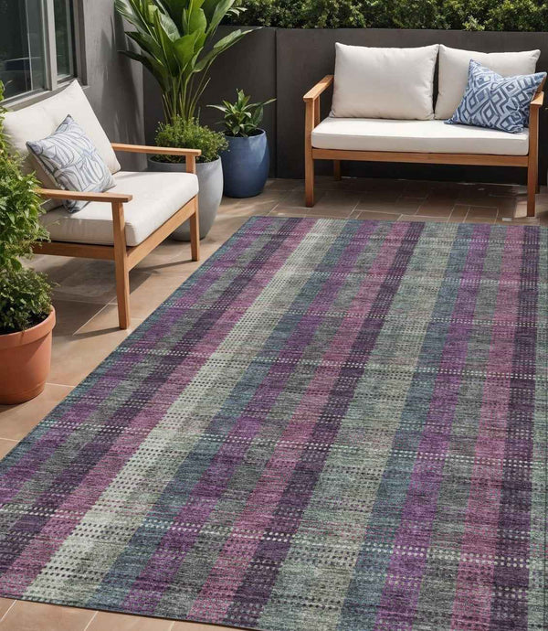5' X 8' Plum Eggplant And Gray Plaid Washable Indoor Outdoor Area Rug
