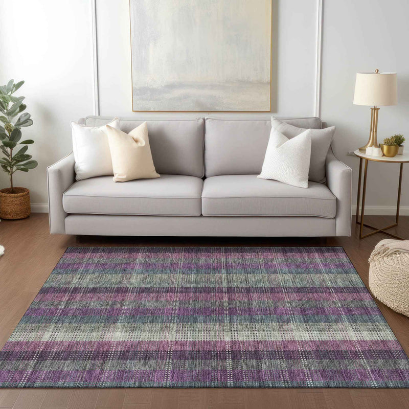 5' X 8' Plum Eggplant And Gray Plaid Washable Indoor Outdoor Area Rug