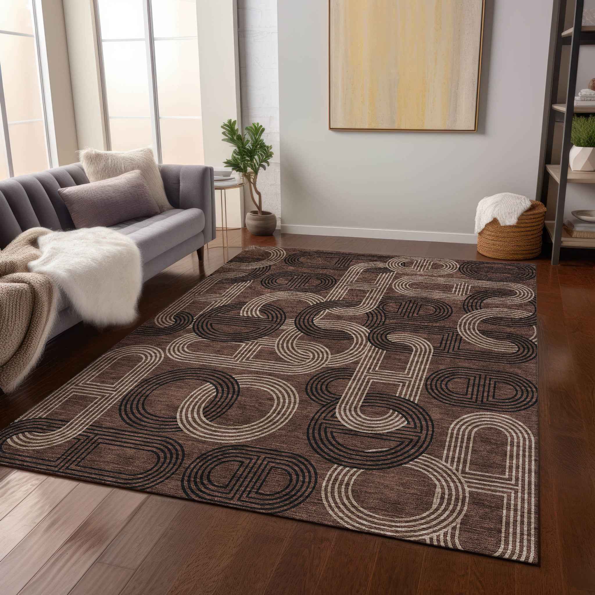 3' X 5' Chocolate And Beige Geometric Washable Indoor Outdoor Area Rug