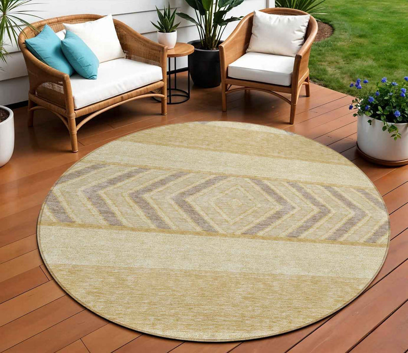 8' Gold Taupe And Beige Round Southwestern Washable Indoor Outdoor Area Rug