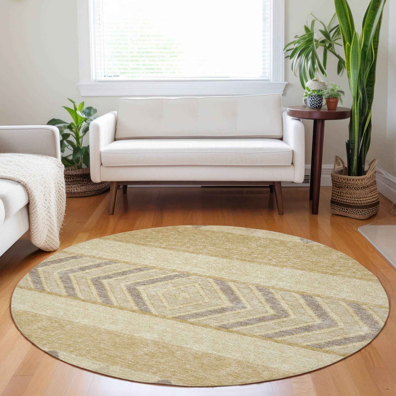 8' Gold Taupe And Beige Round Southwestern Washable Indoor Outdoor Area Rug
