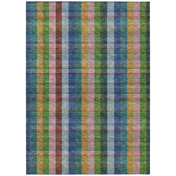 10' X 14' Navy Blue Pink And Sage Plaid Washable Indoor Outdoor Area Rug