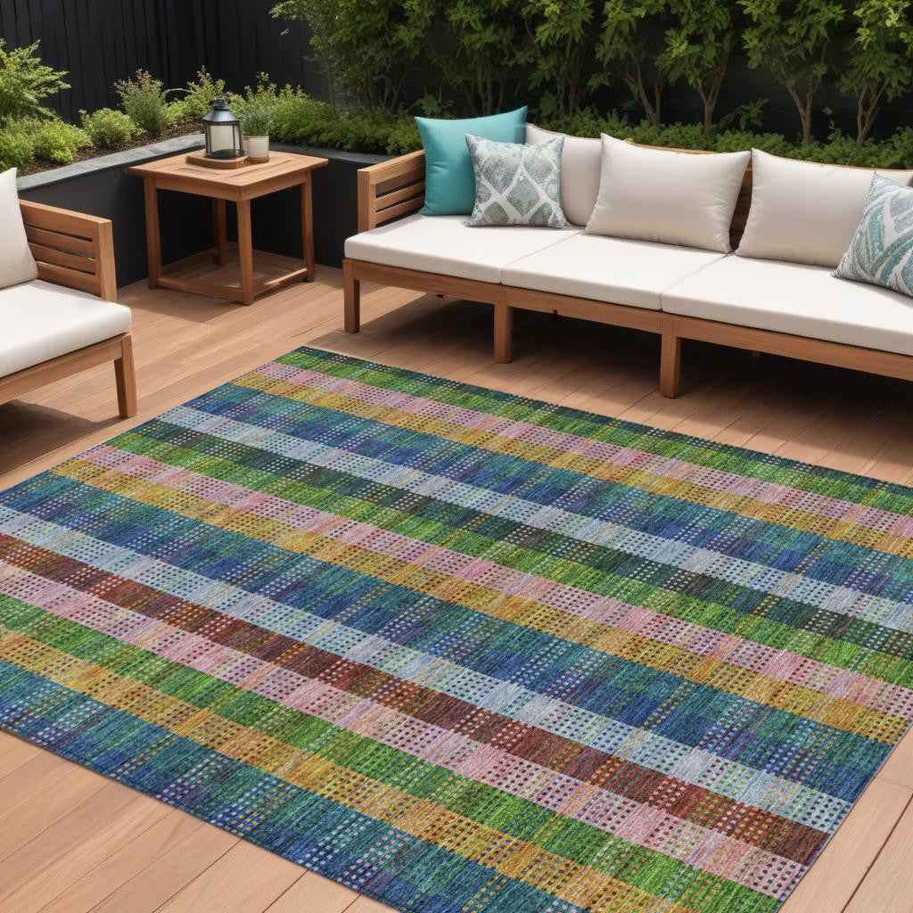10' X 14' Navy Blue Pink And Sage Plaid Washable Indoor Outdoor Area Rug