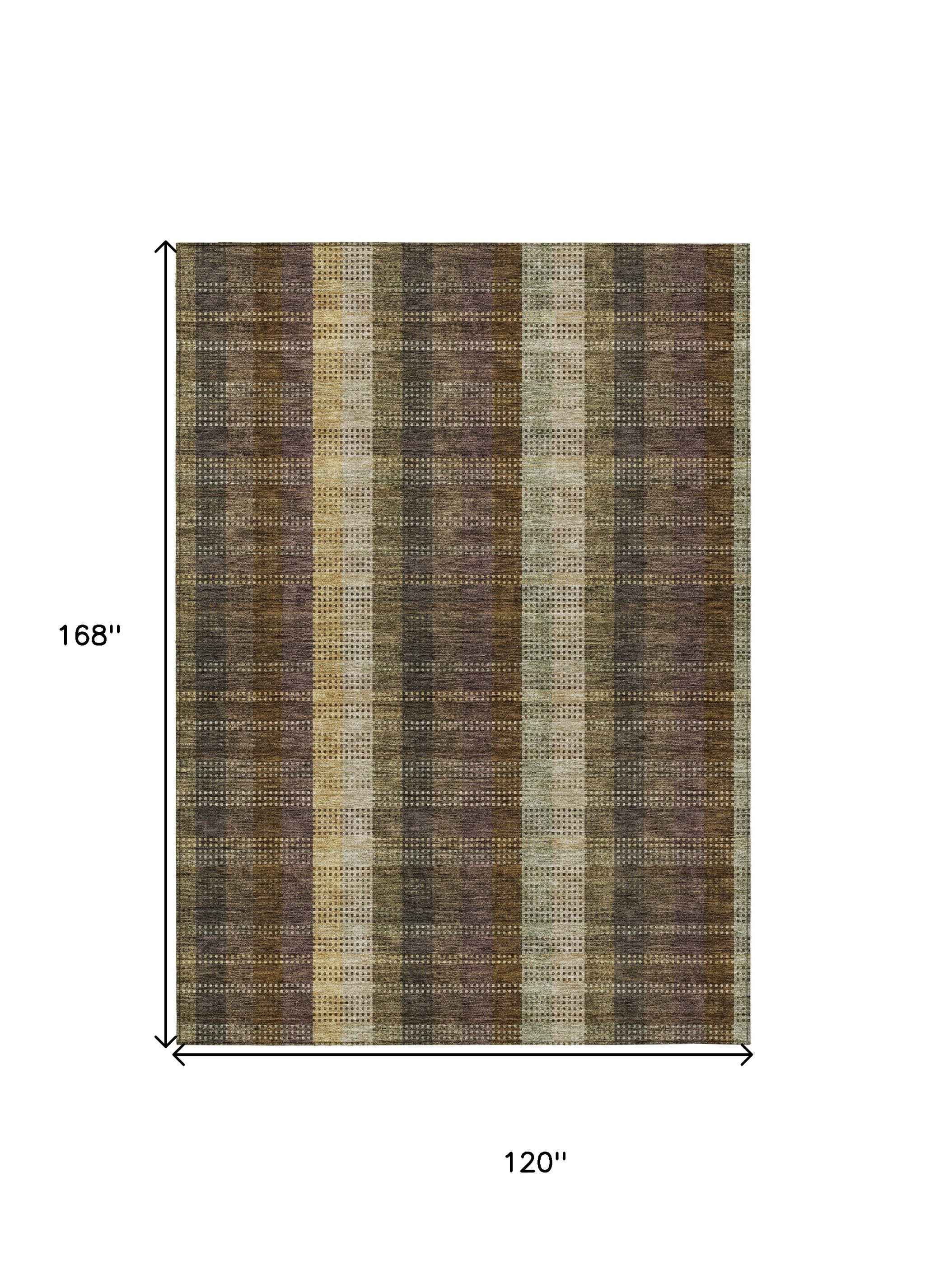 10' X 14' Brown Taupe And Plum Plaid Washable Indoor Outdoor Area Rug