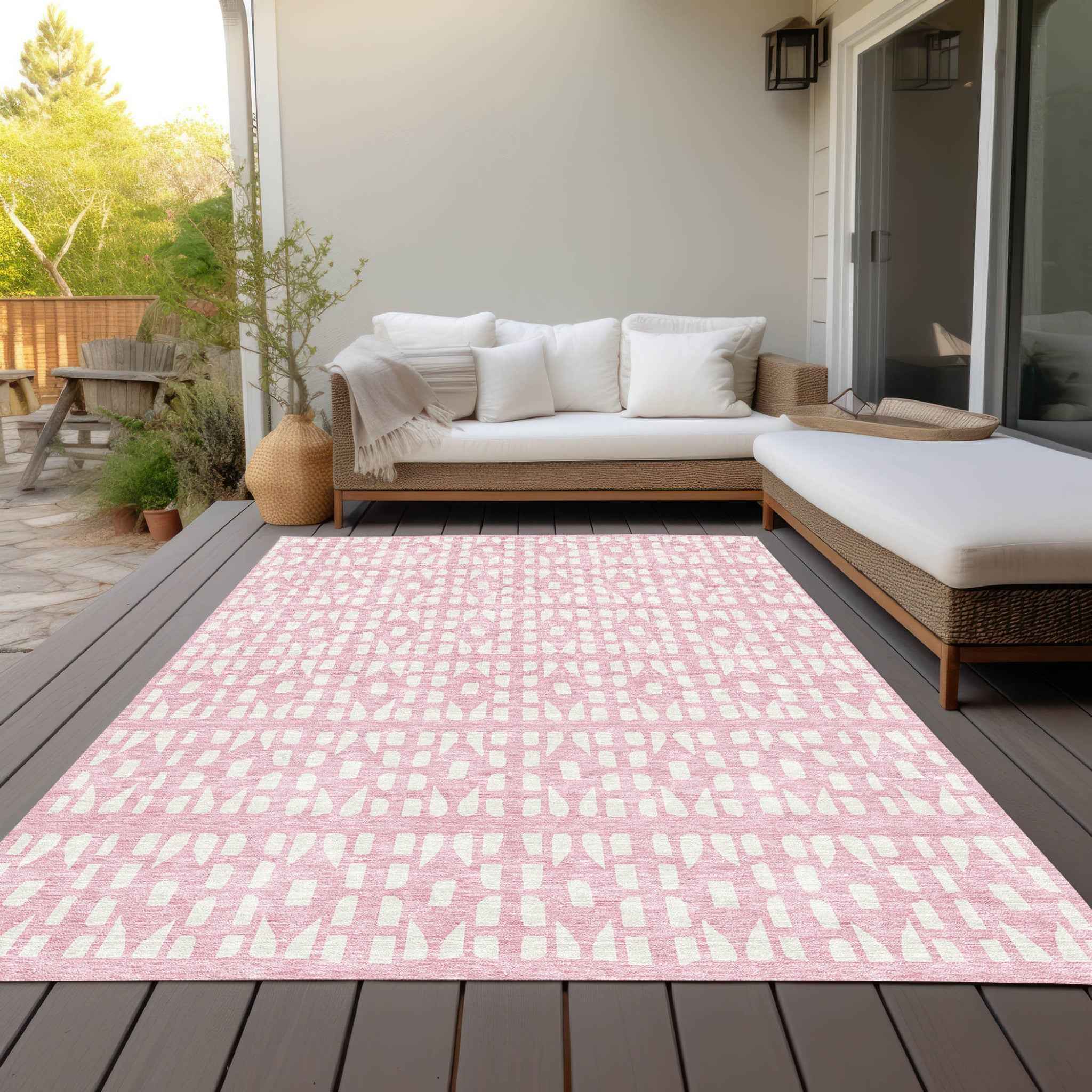 3' X 5' Pink And Ivory Geometric Washable Indoor Outdoor Area Rug