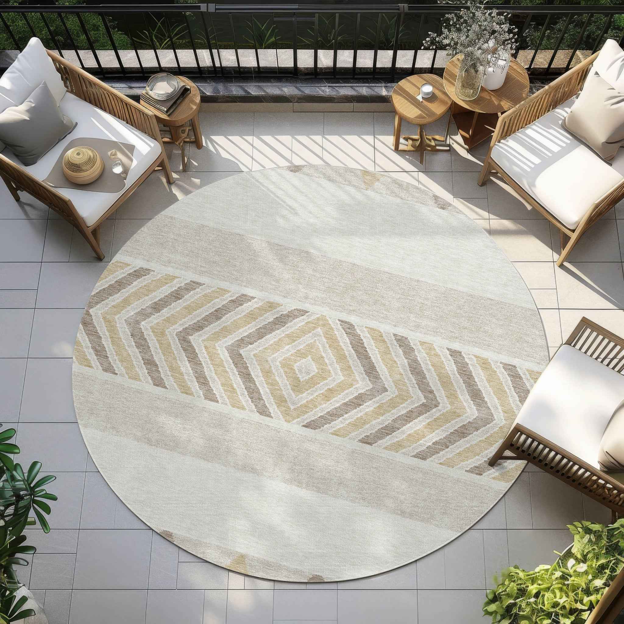 8' Ivory Beige And Taupe Round Southwestern Washable Indoor Outdoor Area Rug