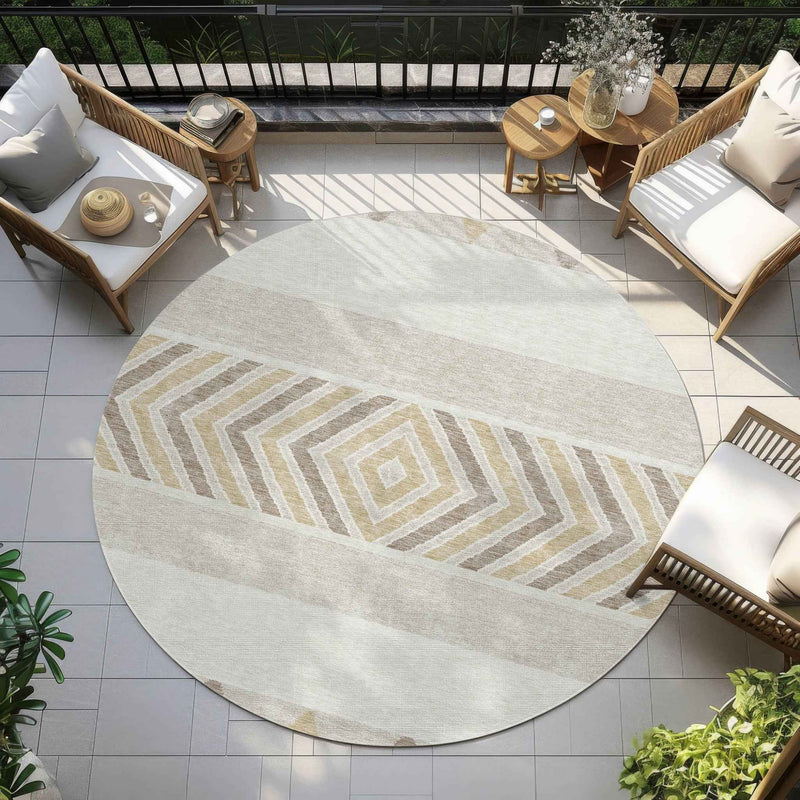 8' Ivory Beige And Taupe Round Southwestern Washable Indoor Outdoor Area Rug