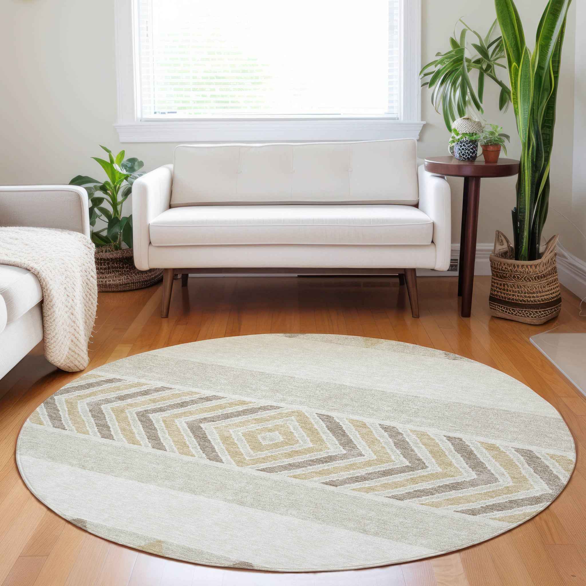 8' Ivory Beige And Taupe Round Southwestern Washable Indoor Outdoor Area Rug