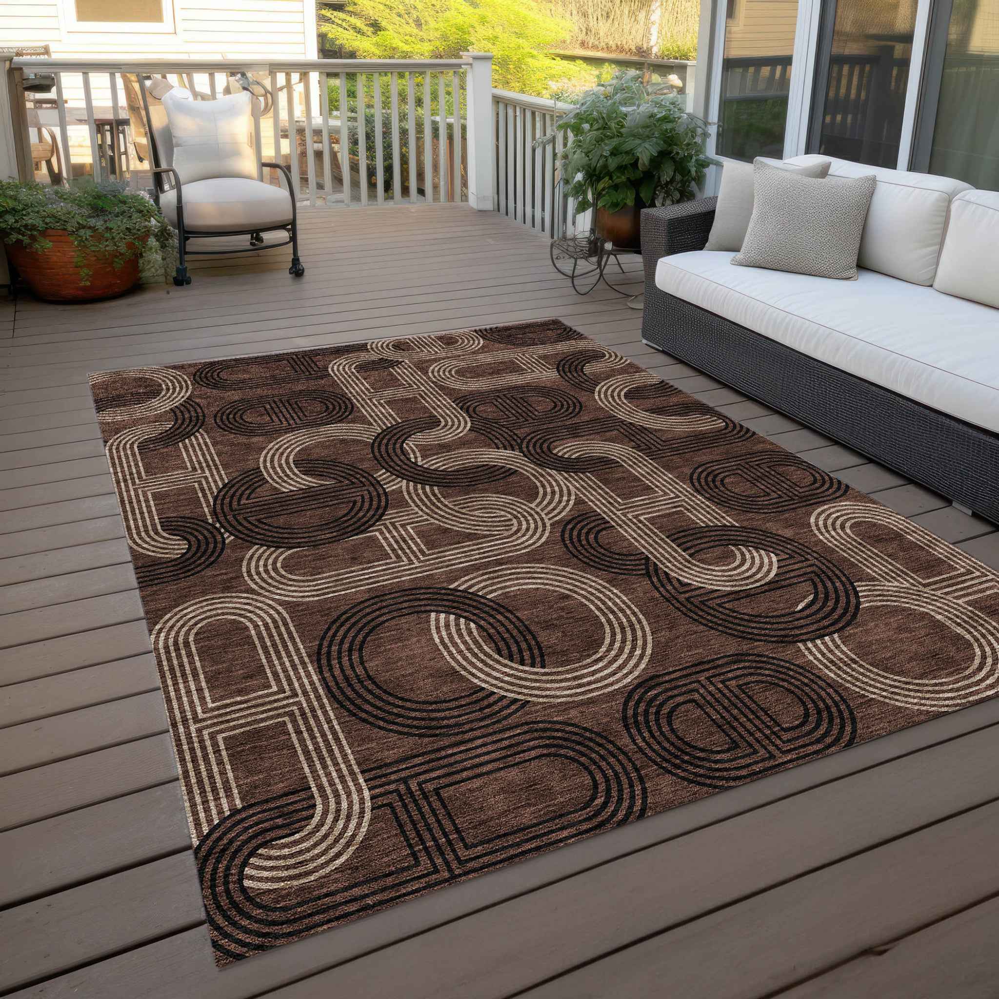 5' X 8' Chocolate And Beige Geometric Washable Indoor Outdoor Area Rug