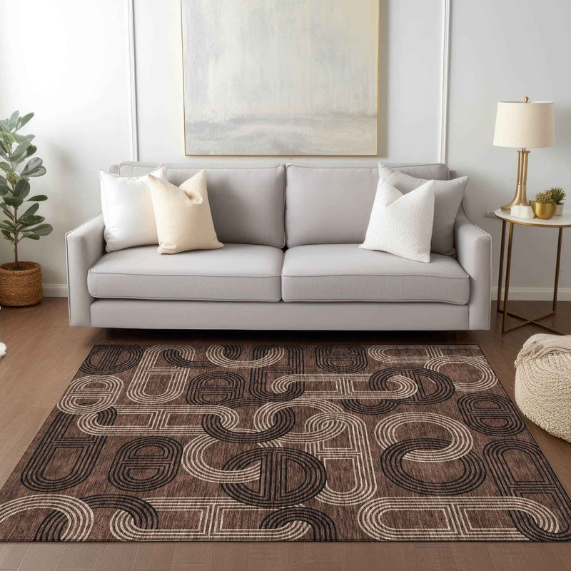5' X 8' Chocolate And Beige Geometric Washable Indoor Outdoor Area Rug
