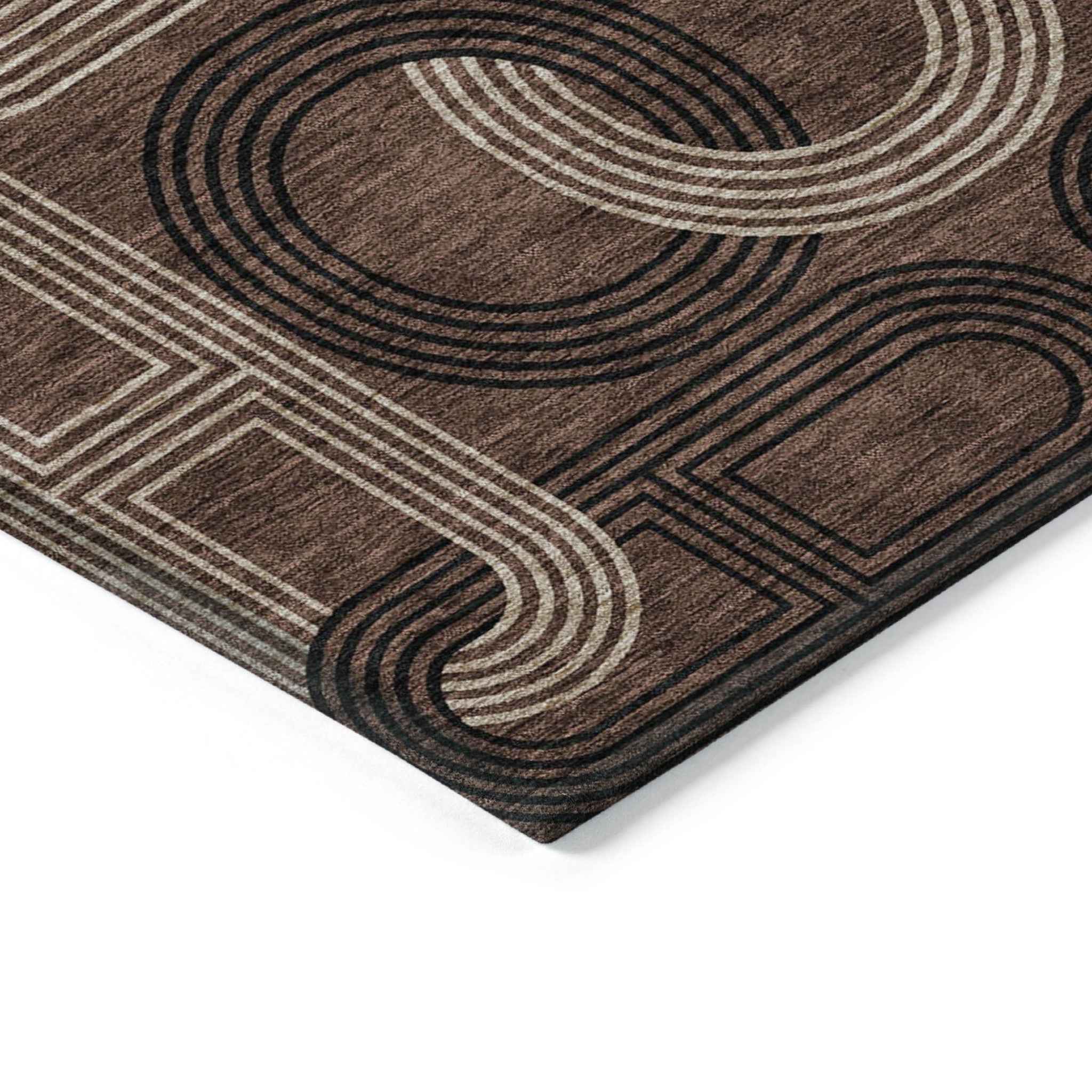 5' X 8' Chocolate And Beige Geometric Washable Indoor Outdoor Area Rug