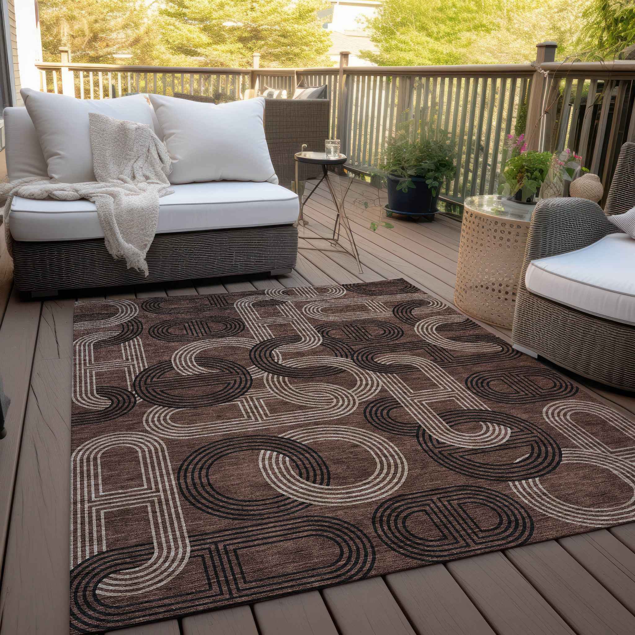 5' X 8' Chocolate And Beige Geometric Washable Indoor Outdoor Area Rug