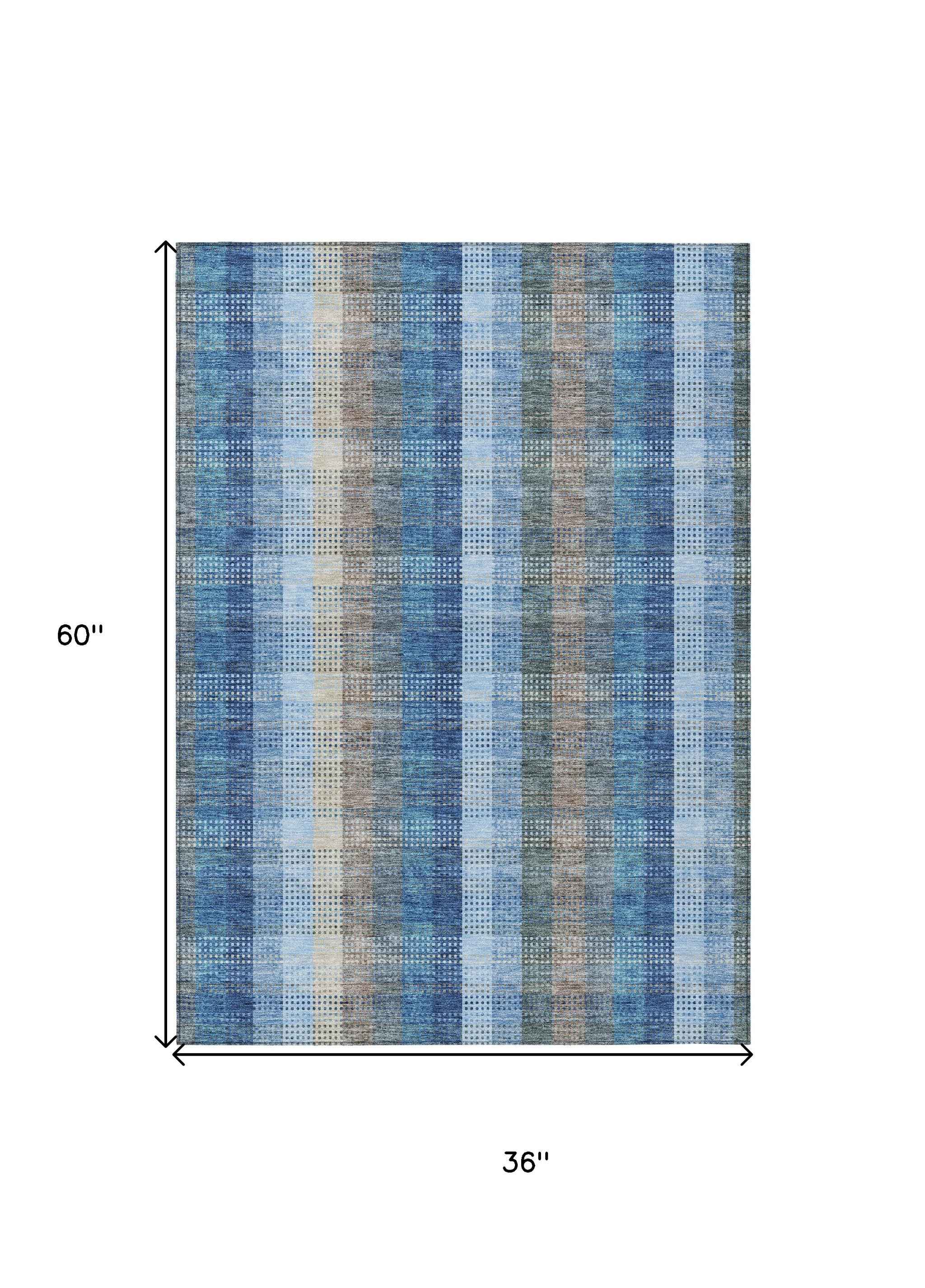 3' X 5' Denim Blue Sky Blue And Beige Plaid Washable Indoor Outdoor Area Rug