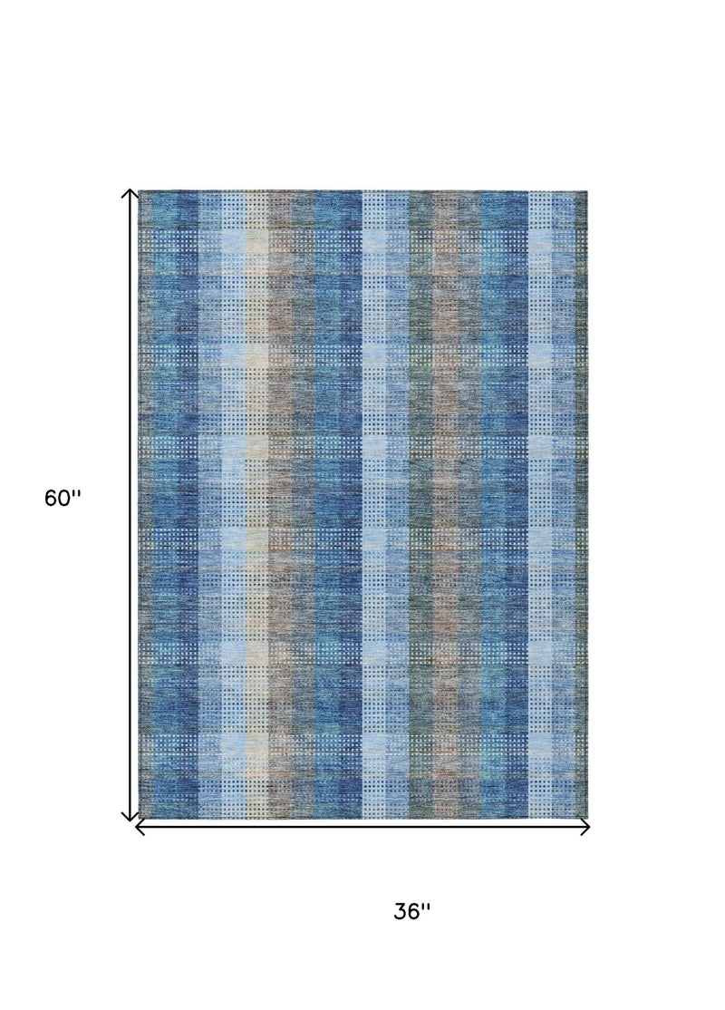 3' X 5' Denim Blue Sky Blue And Beige Plaid Washable Indoor Outdoor Area Rug
