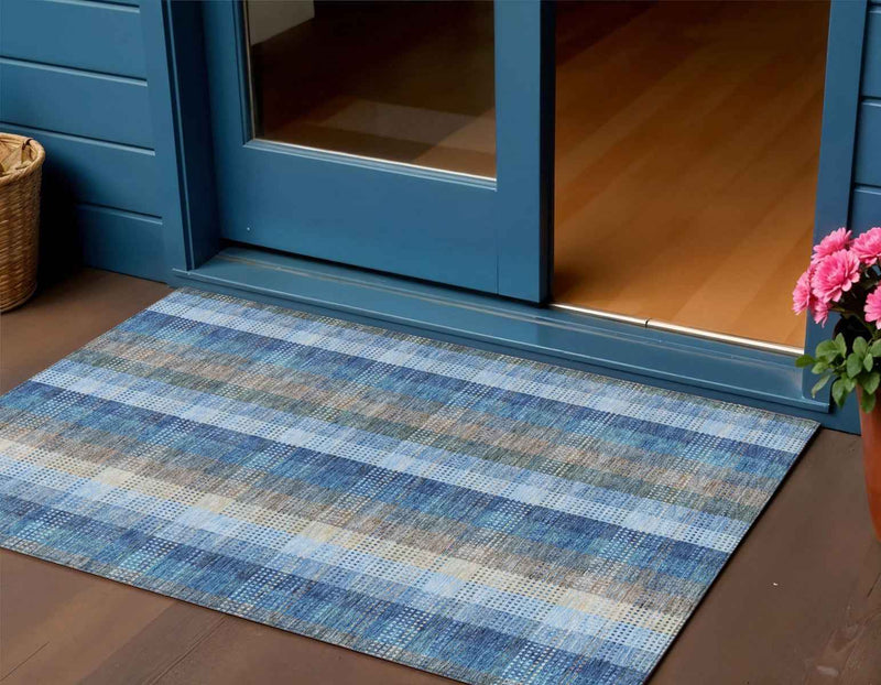 3' X 5' Denim Blue Sky Blue And Beige Plaid Washable Indoor Outdoor Area Rug