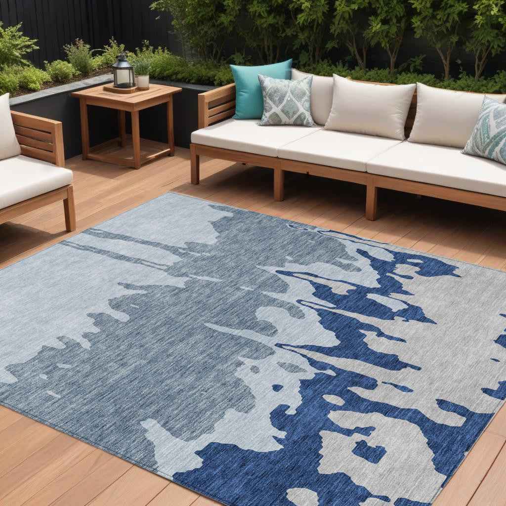 10' X 14' Sky Blue And Denim Blue Abstract Washable Indoor Outdoor Area Rug