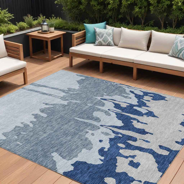 10' X 14' Sky Blue And Denim Blue Abstract Washable Indoor Outdoor Area Rug