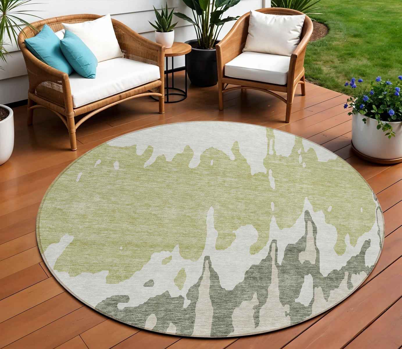 8' Sage And Ivory Round Abstract Washable Indoor Outdoor Area Rug