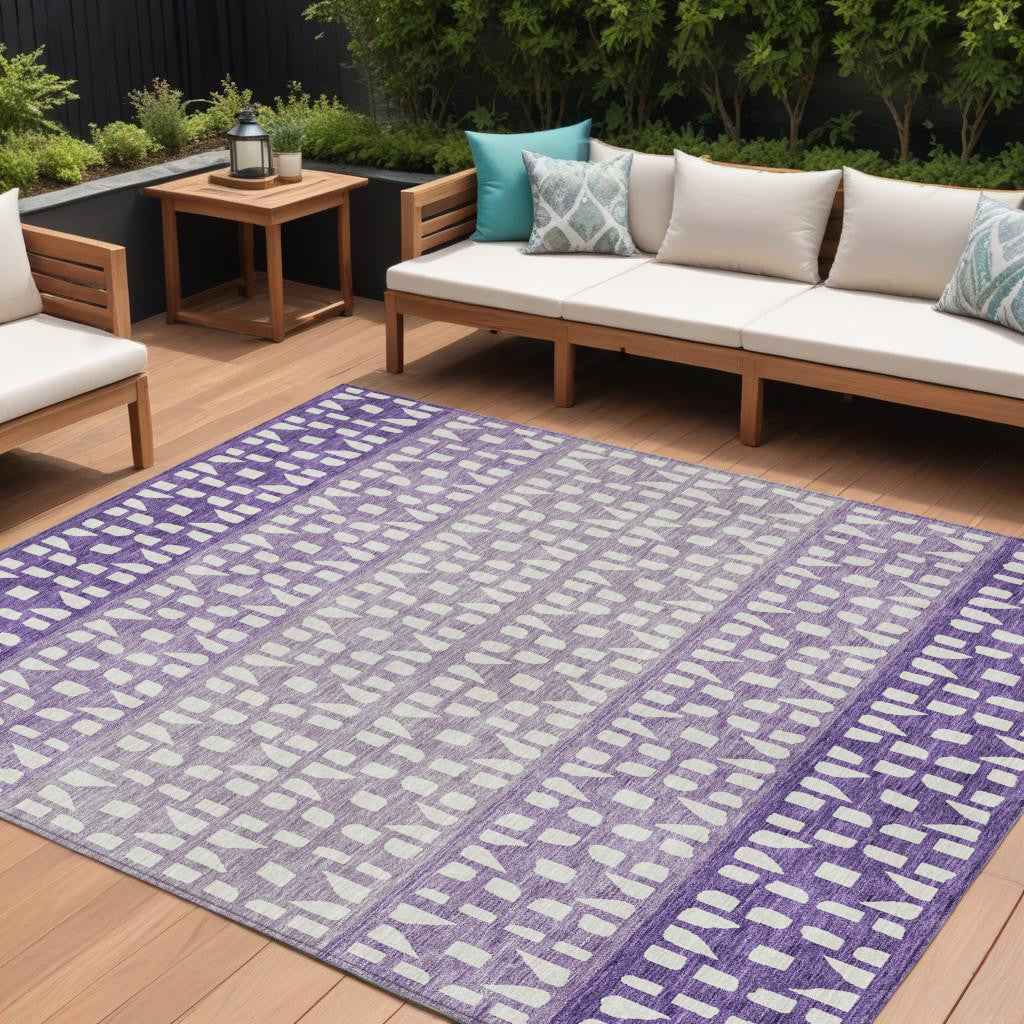 8' X 10' Purple Lavender And Ivory Geometric Washable Indoor Outdoor Area Rug
