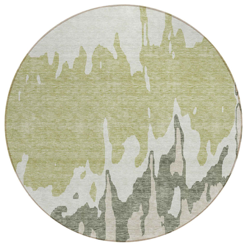 8' Sage And Ivory Round Abstract Washable Indoor Outdoor Area Rug