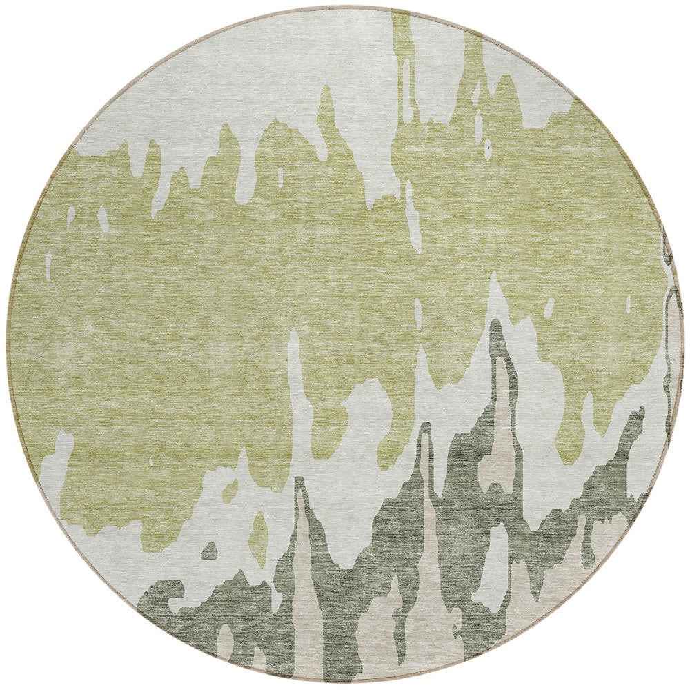 8' Sage And Ivory Round Abstract Washable Indoor Outdoor Area Rug