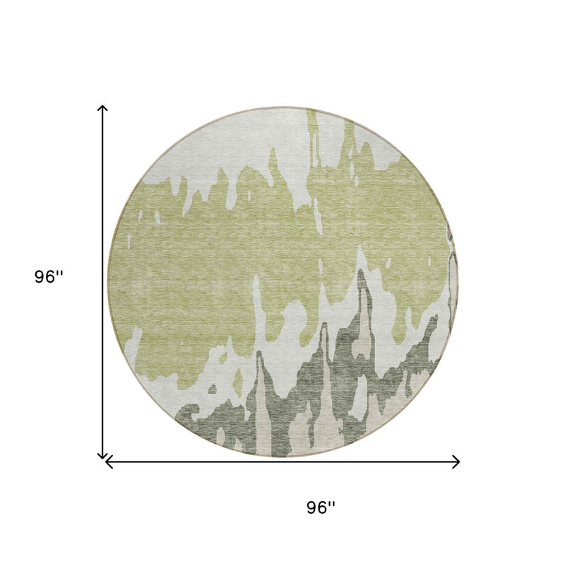 8' Sage And Ivory Round Abstract Washable Indoor Outdoor Area Rug