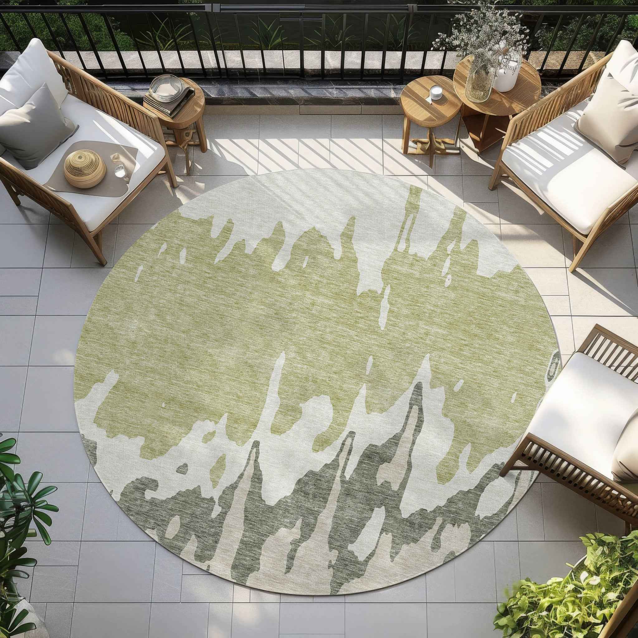 8' Sage And Ivory Round Abstract Washable Indoor Outdoor Area Rug