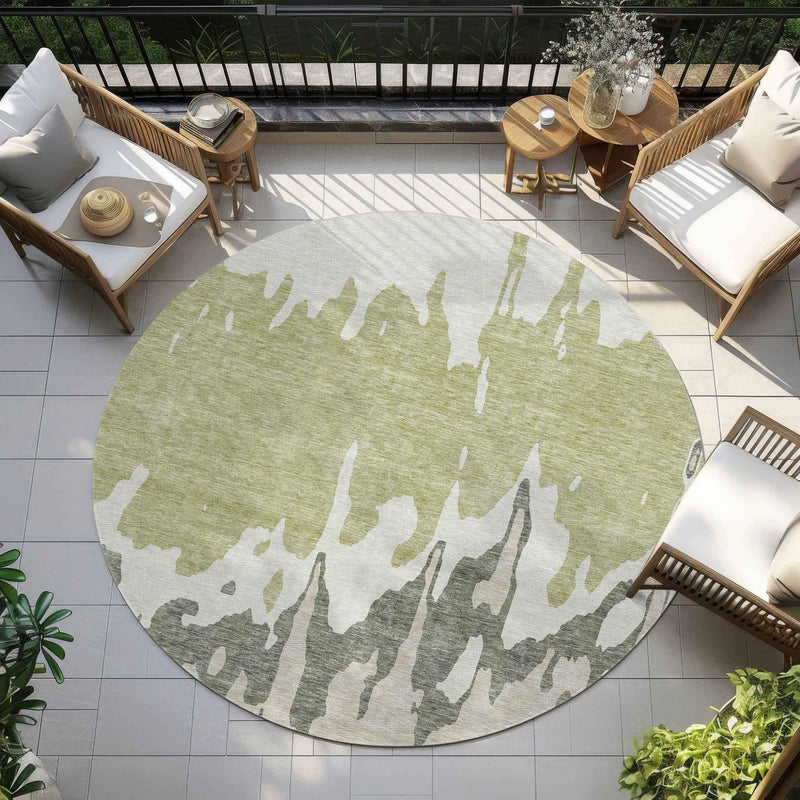 8' Sage And Ivory Round Abstract Washable Indoor Outdoor Area Rug
