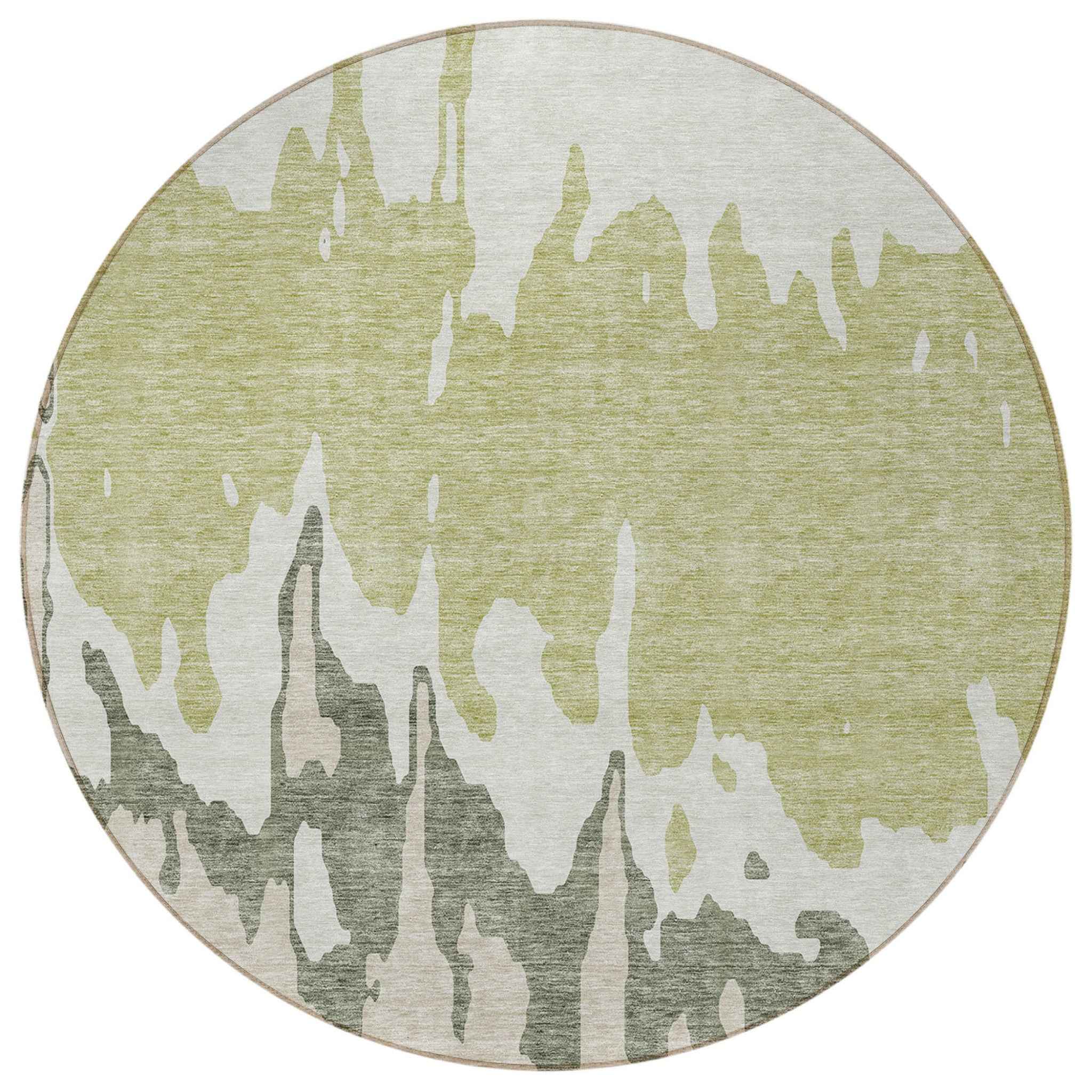 8' Sage And Ivory Round Abstract Washable Indoor Outdoor Area Rug