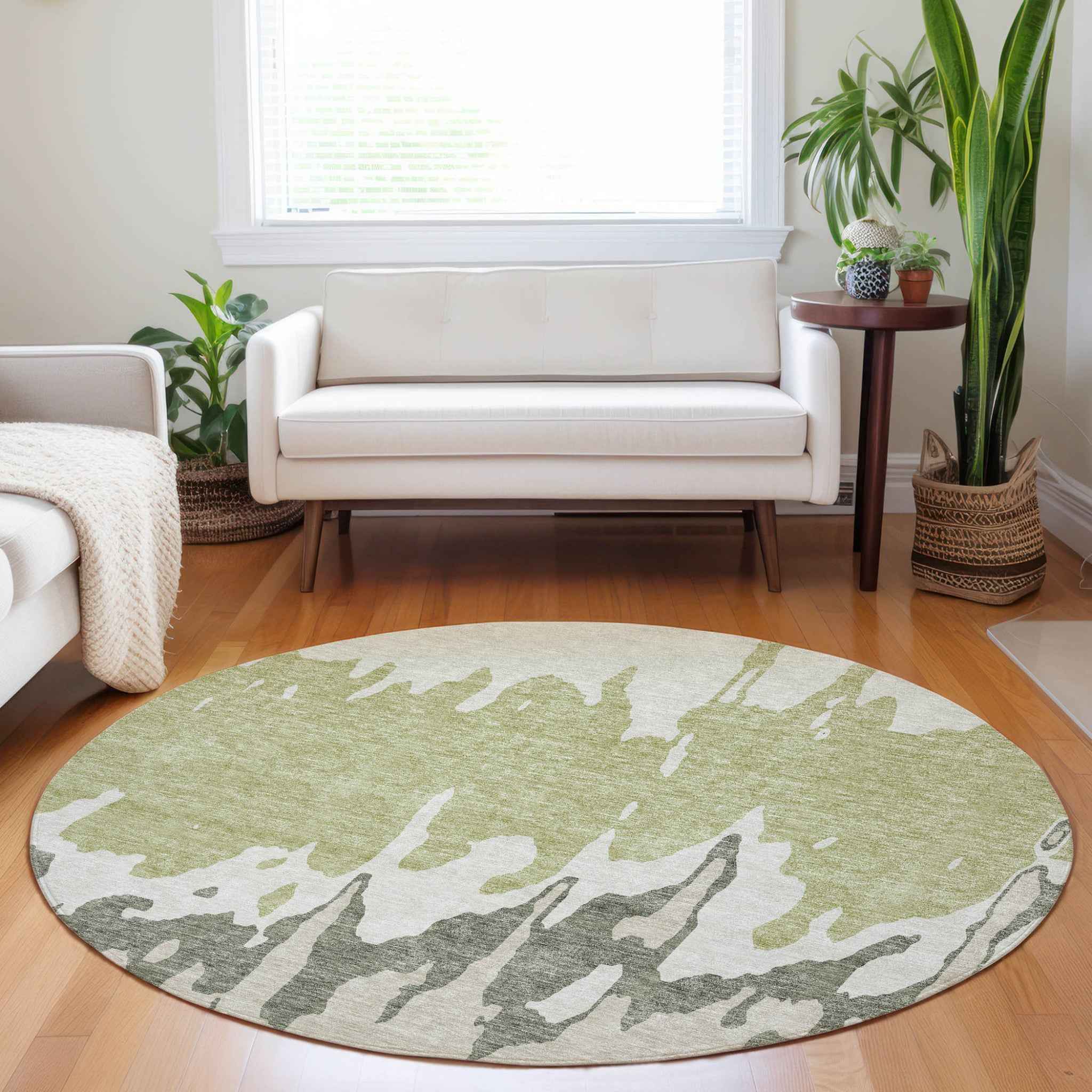 8' Sage And Ivory Round Abstract Washable Indoor Outdoor Area Rug
