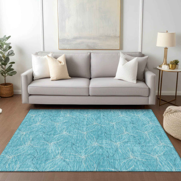 10' X 14' Aqua And Ivory Geometric Washable Indoor Outdoor Area Rug