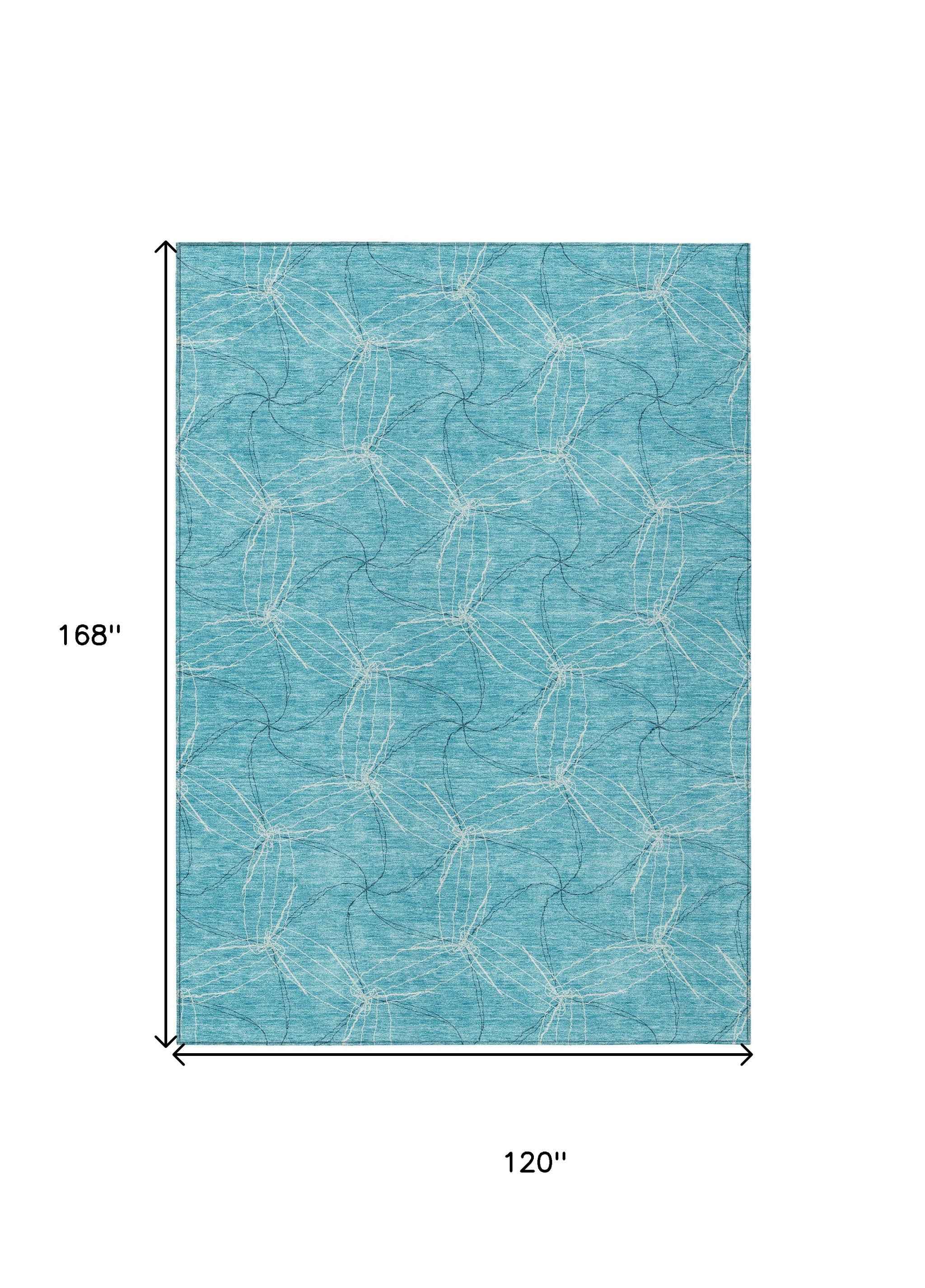 10' X 14' Aqua And Ivory Geometric Washable Indoor Outdoor Area Rug