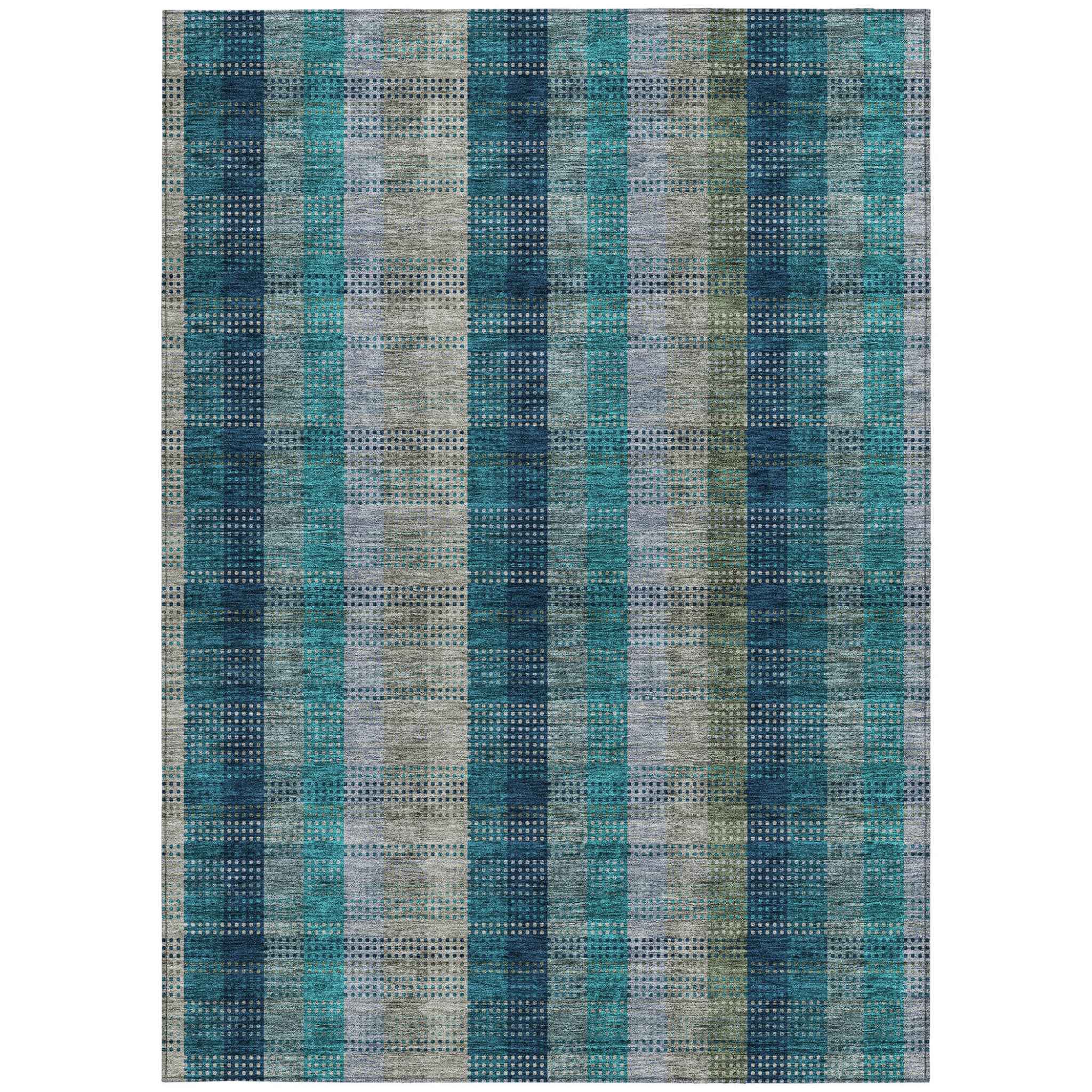 8' X 10' Teal Blue Navy Blue And Olive Green Plaid Washable Indoor Outdoor Area Rug