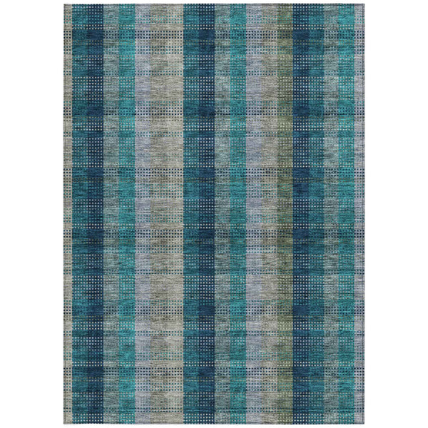 8' X 10' Teal Blue Navy Blue And Olive Green Plaid Washable Indoor Outdoor Area Rug