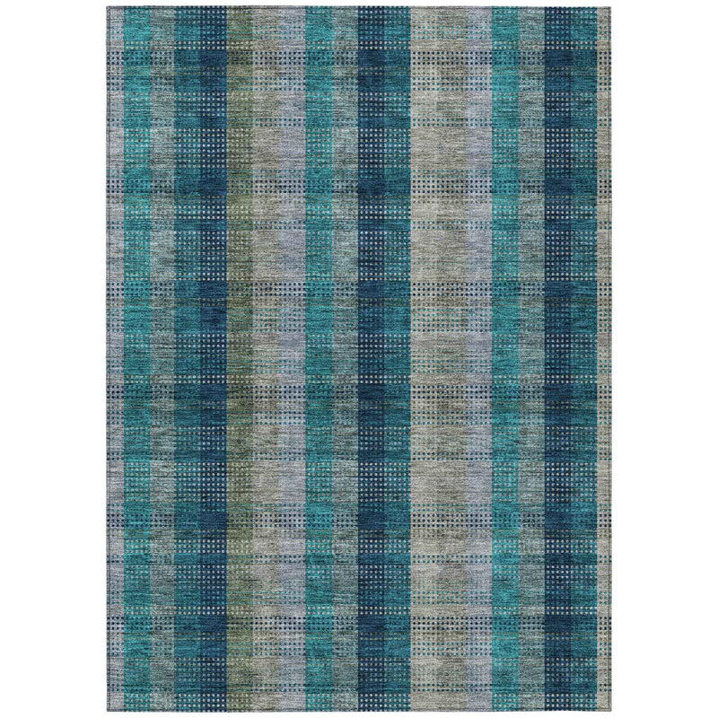 8' X 10' Teal Blue Navy Blue And Olive Green Plaid Washable Indoor Outdoor Area Rug