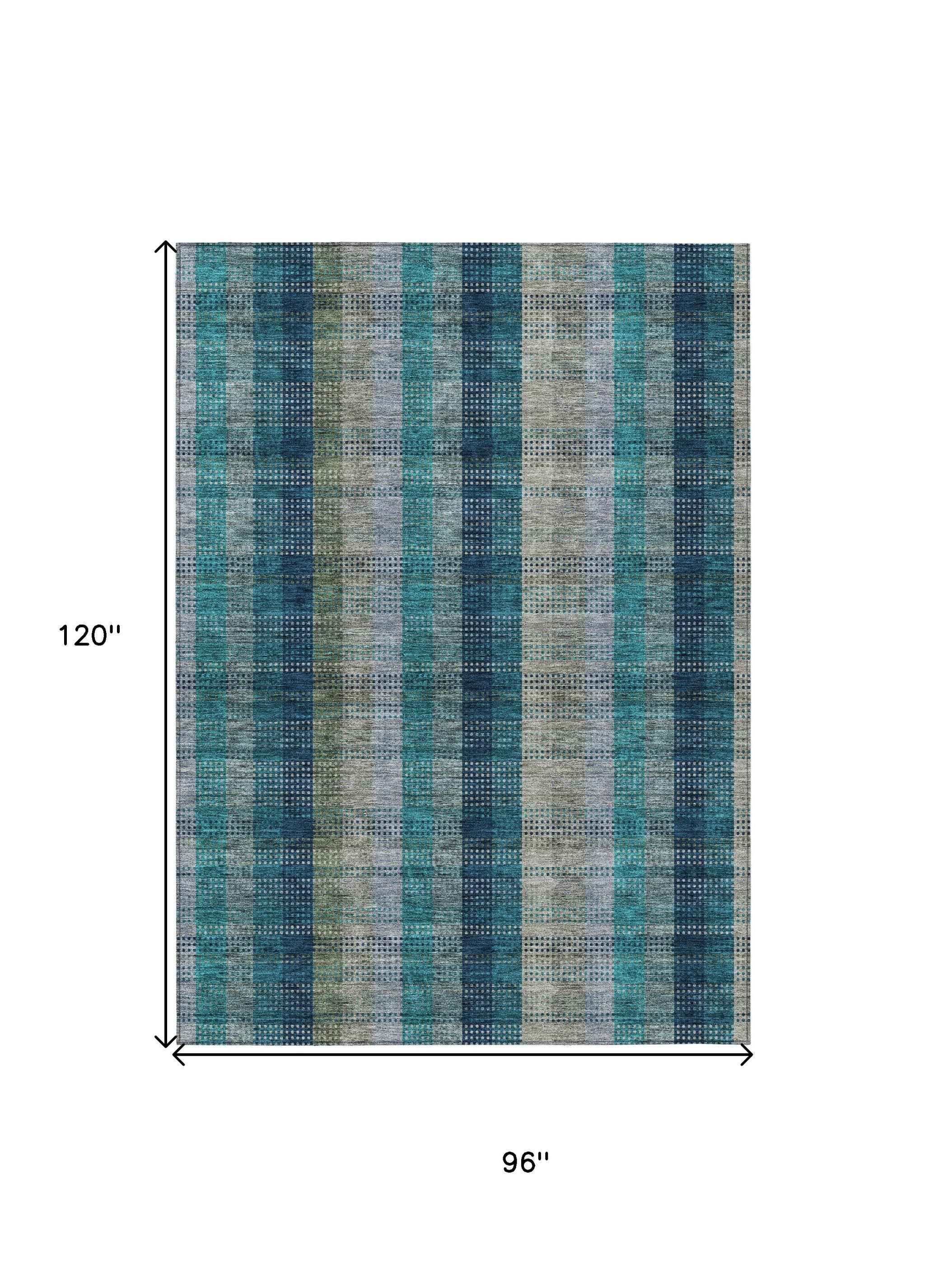 8' X 10' Teal Blue Navy Blue And Olive Green Plaid Washable Indoor Outdoor Area Rug